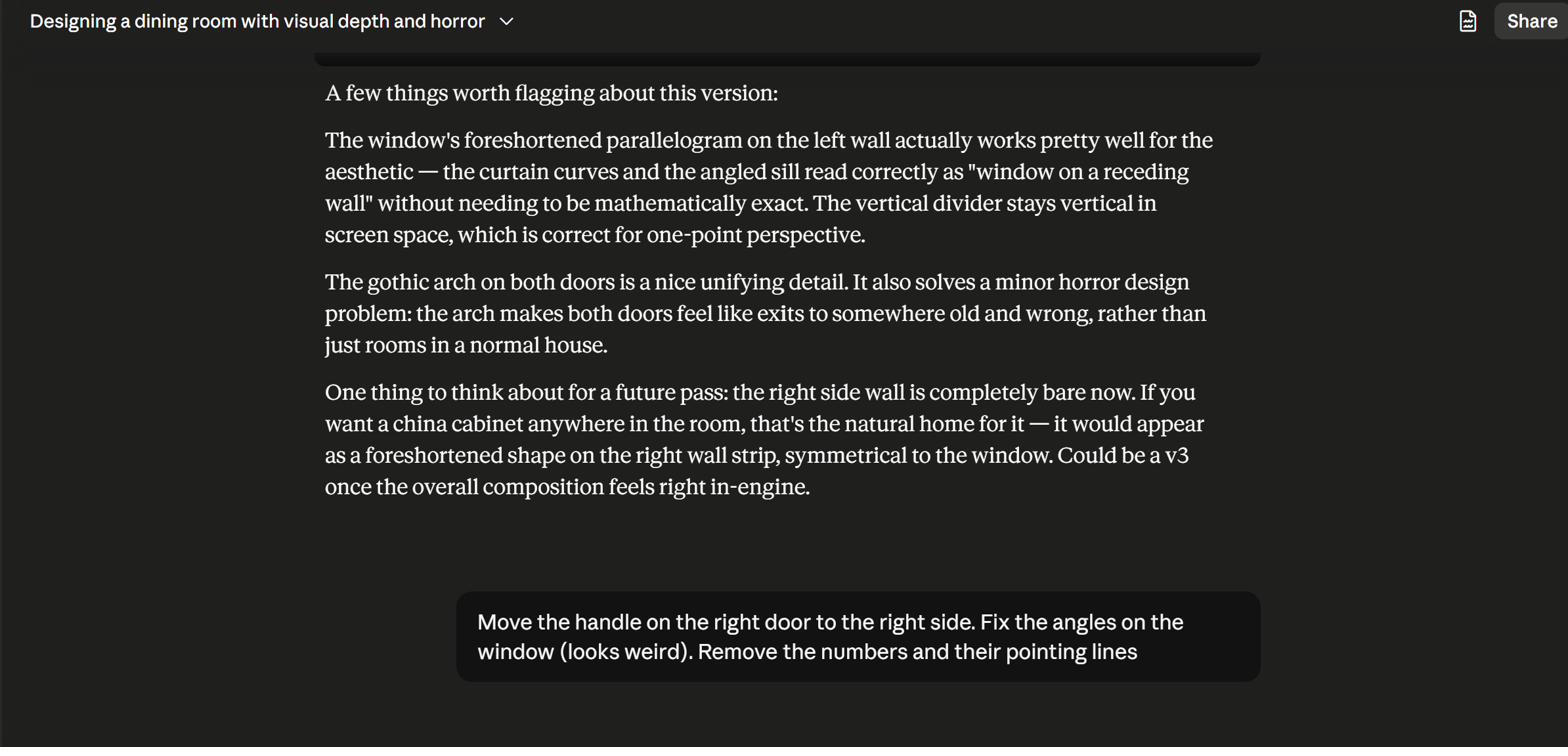 Claude flags remaining issues; user requests handle, window angle, and annotation fixes